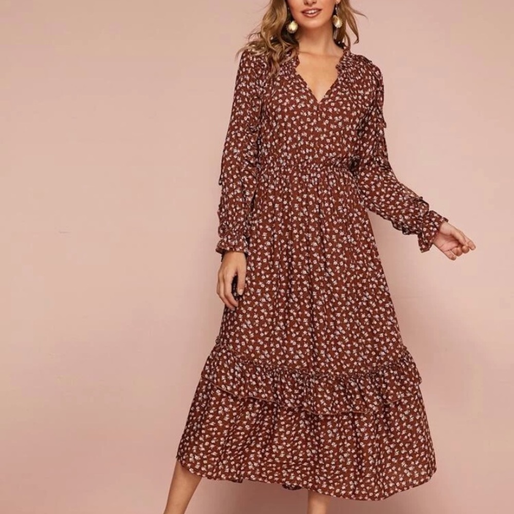 Red Floral Bohemian Long Sleeve Dress